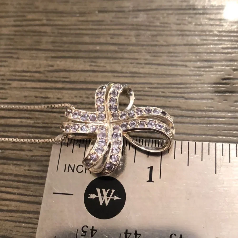 Vintage Loopy Bow Cross Necklace with Pale Purple Stones Sterling Silver